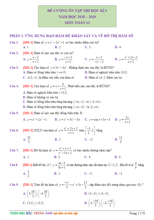 340 Cau Hoi Trac Nghiem On Tap Thi Hoc Ky 1 Toan 12 Co Dap An Va Loi