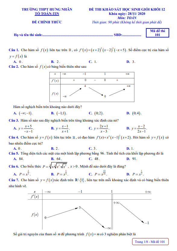 Đề khảo sát HSG Toán 12 năm 2020 2021 trường THPT Hưng Nhân Thái