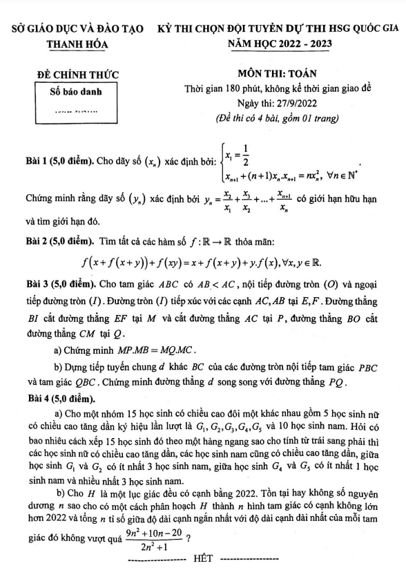 Đề chọn đội tuyển thi HSG QG môn Toán năm 2022 2023 sở GD ĐT Thanh