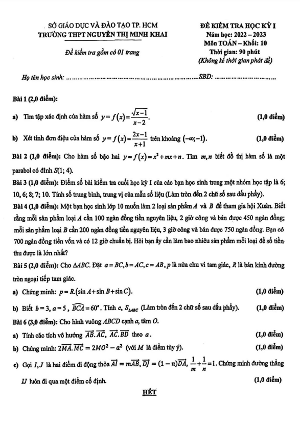 Đề học kỳ 1 Toán 10 năm 2022 2023 trường THPT Nguyễn Thị Minh Khai