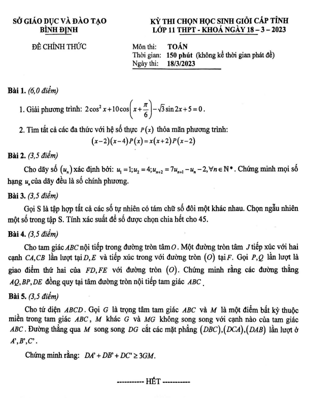 Đề học sinh giỏi Toán 11 cấp tỉnh năm 2022 2023 sở GD ĐT Bình Định