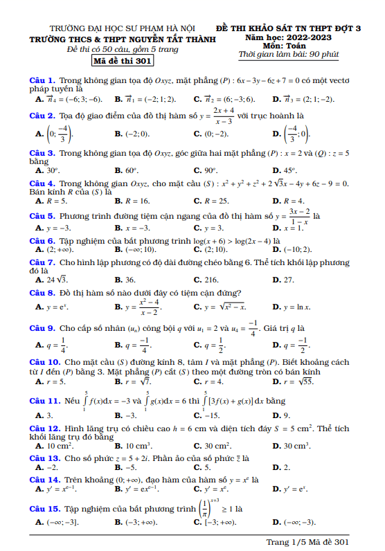 Đề thi thử TN THPT 2023 môn Toán đợt 3 trường Nguyễn Tất Thành Hà Nội