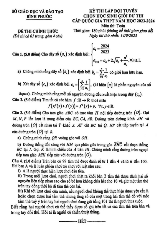 Đề chọn đội tuyển thi HSG QG môn Toán năm 2023 2024 sở GD ĐT Bình