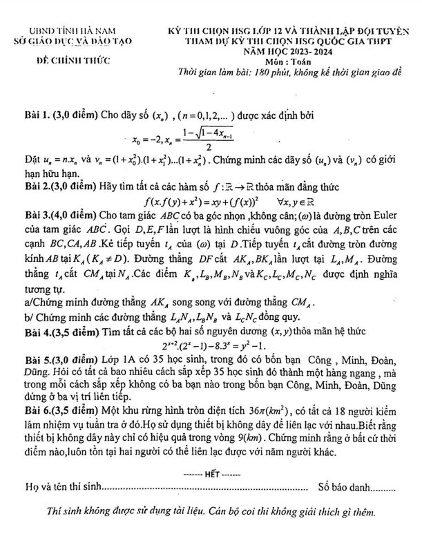 Đề HSG Toán 12 và lập đội tuyển thi HSG QG năm 2023 2024 sở GD ĐT Hà