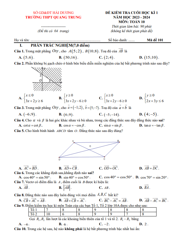 Đề cuối kì 1 Toán 10 năm 2023 2024 trường THPT Quang Trung Hải