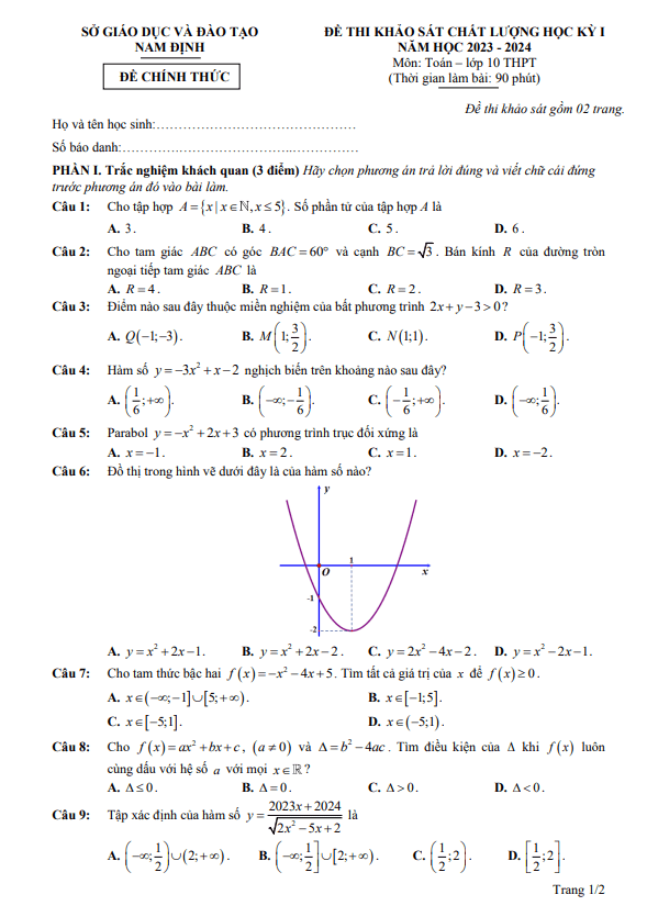 Đề thi học kỳ 1 Toán 10 năm 2023 2024 sở GD ĐT Nam Định Nguyễn Minh