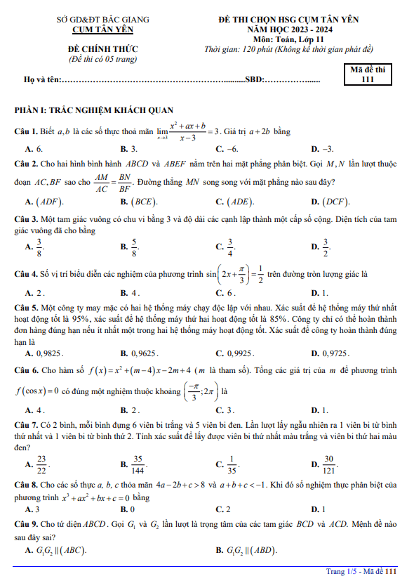 Đề học sinh giỏi Toán 11 năm 2023 2024 cụm Tân Yên Bắc Giang