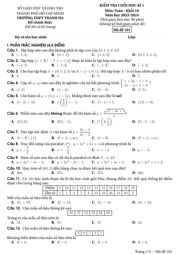 Đề cuối học kỳ 1 Toán 10 năm 2023 2024 trường THPT Trưng Vương TP