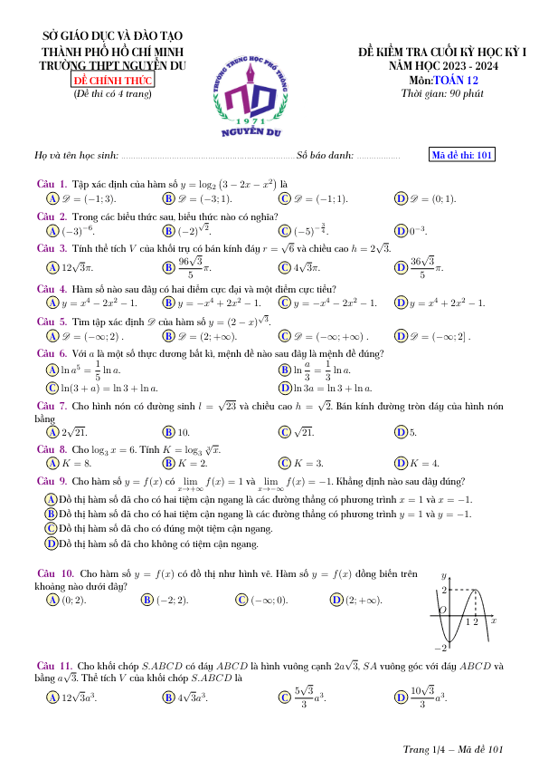 Đề cuối học kỳ 1 Toán 12 năm 2023 2024 trường THPT Nguyễn Du TP HCM