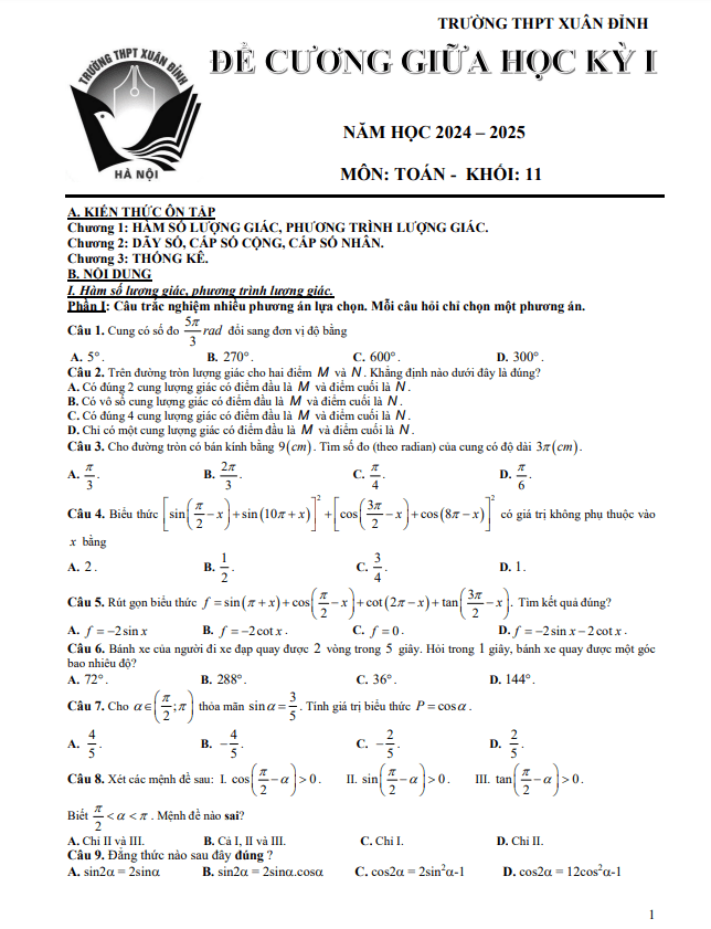 Đề cương giữa kỳ 1 Toán 11 năm 2023 2024 trường THPT Xuân Đỉnh Hà