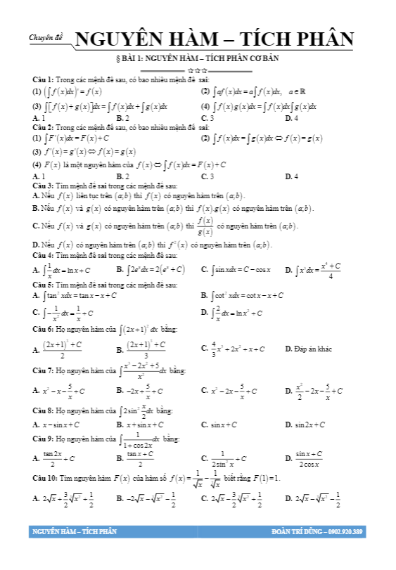 Trắc Nghiệm Nguyên Hàm: Hướng Dẫn Toàn Diện và Bài Tập Thực Hành