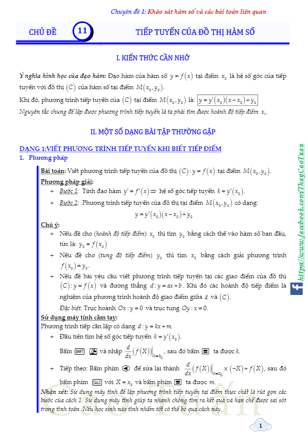 Học tốt chuyên đề phương trình tiếp tuyến với các ví dụ minh họa
