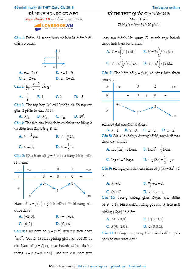 đáp án đề minh họa 2018 môn toán