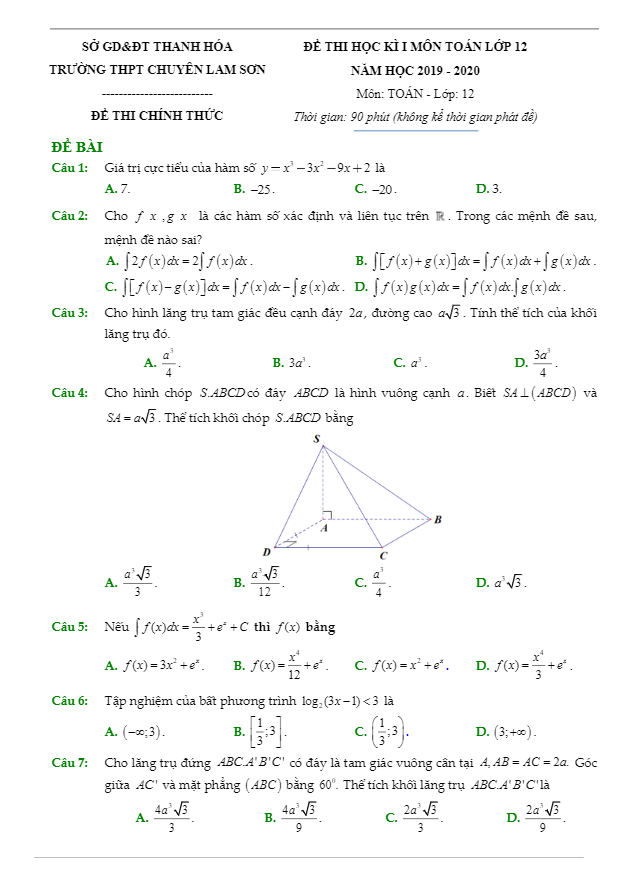 Đề Thi Hk1 Toán 12 Năm 2019 - 2020 Trường Chuyên Lam Sơn - Thanh Hóa 