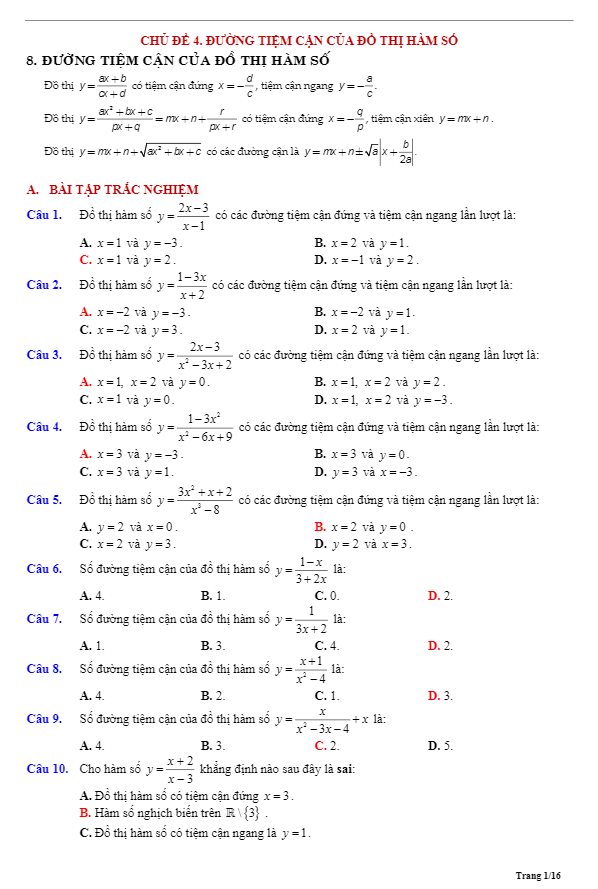 Tom Tat Ly Thuyet Va Bai Tap Trac Nghiem Duong Tiem Can Cua Do Thi Ham