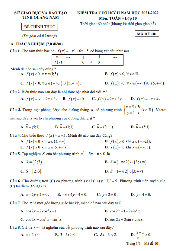 Đề kiểm tra cuối kỳ 2 Toán 10 năm 2021 - 2022 sở GD&ĐT Quảng Nam - TOANMATH.com